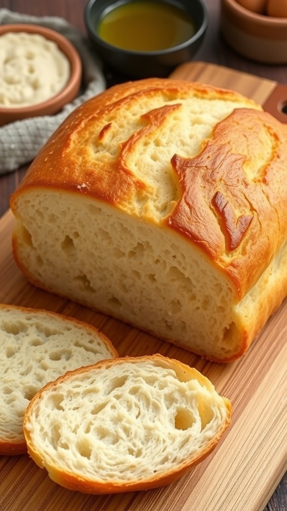 A golden-brown no-knead bread loaf on a wooden board, with slices showing its airy texture.
